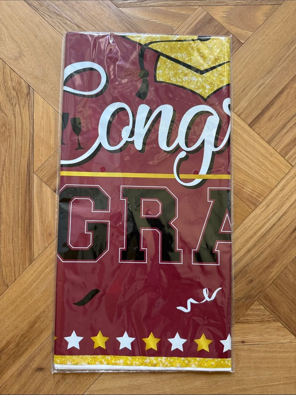 Congrats Grad Disposable Table Cover - Maroon & Gold Graduation Party Decor